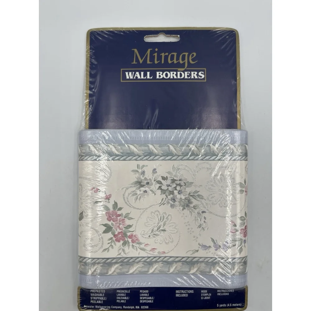 ViNtage Mirage prepasted Wallpaper Border Blue / Pink Flowers 5 yards NEW
